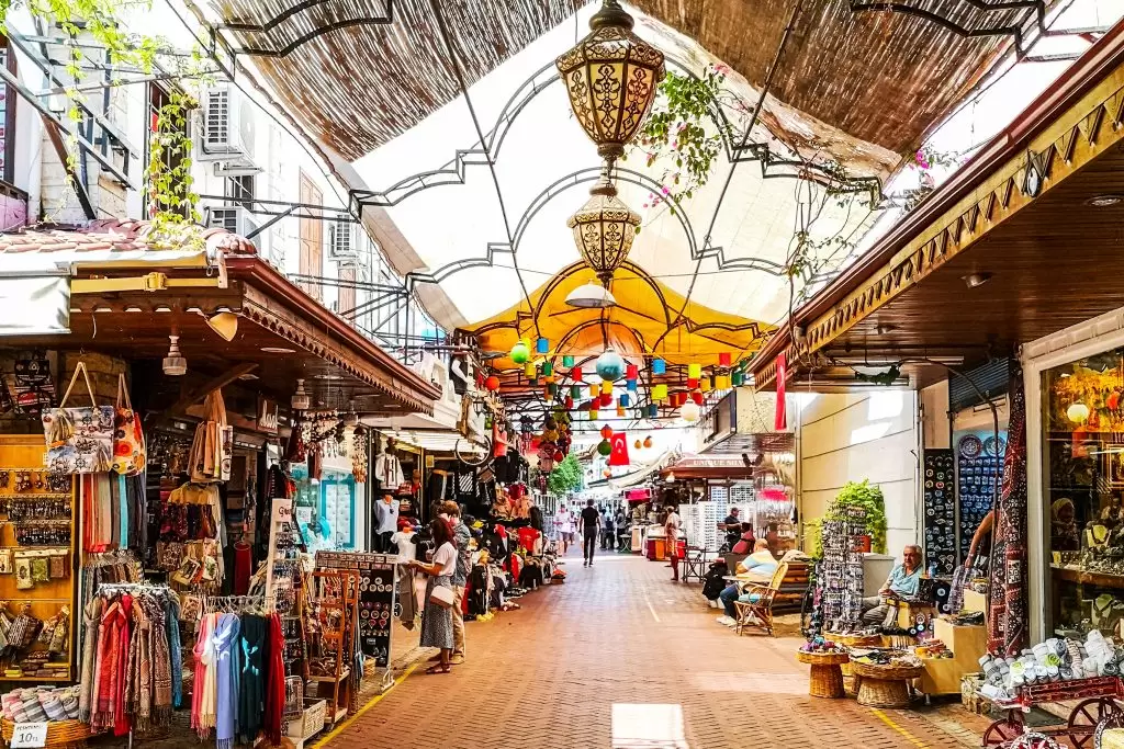 Traditional Turkish bazaar with colorful lanterns and shops